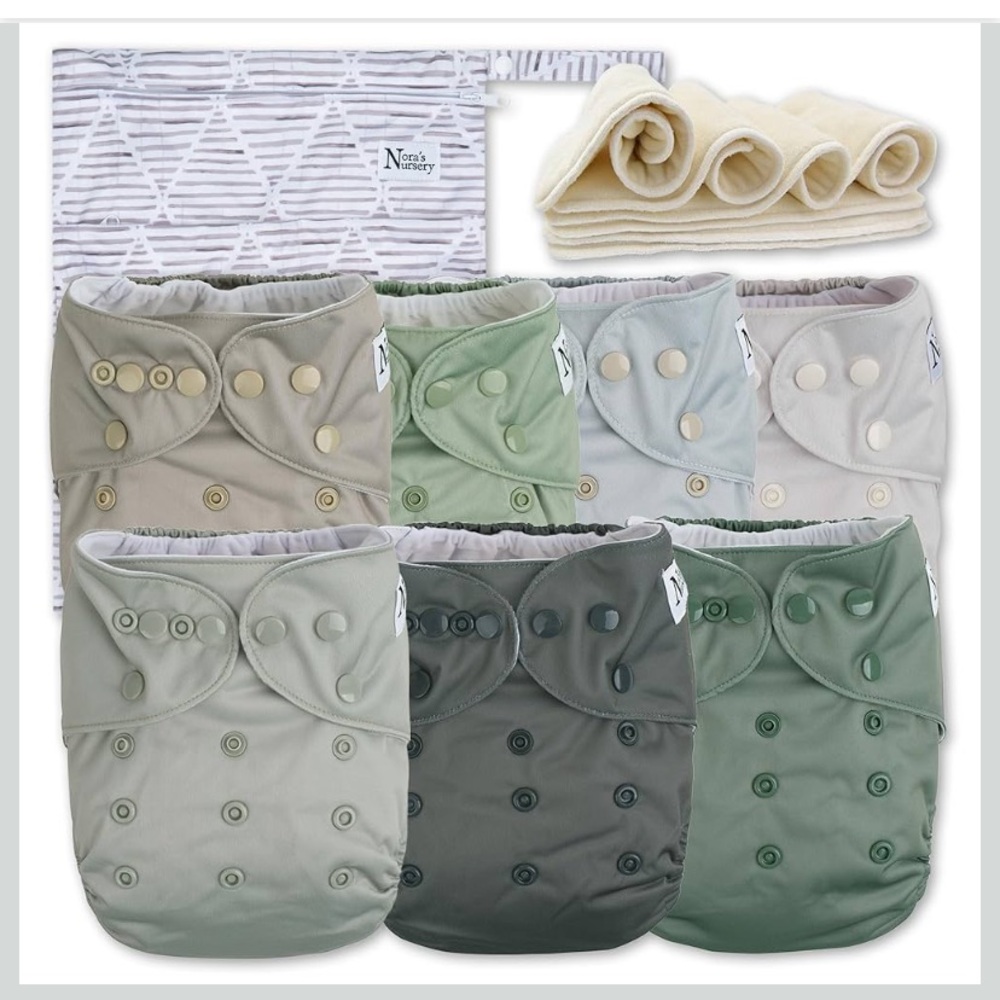 Nora's Nursery Morning Dew Cloth Diapers 7 Pack with 7 Inserts & 1 Wet Bag